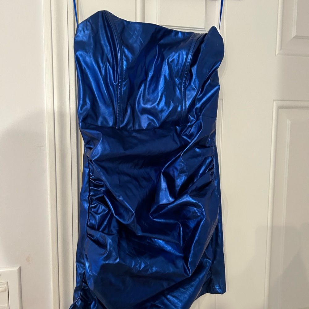 Revolve Superdown Blue Metalloc Strapless Dress - image 2